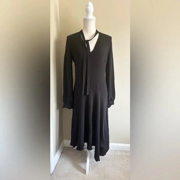 Theory 2 Black Tie Neck Drape Dress Long Sleeve Asymmetrical Hem 100% Silk - Picture 2 of 11